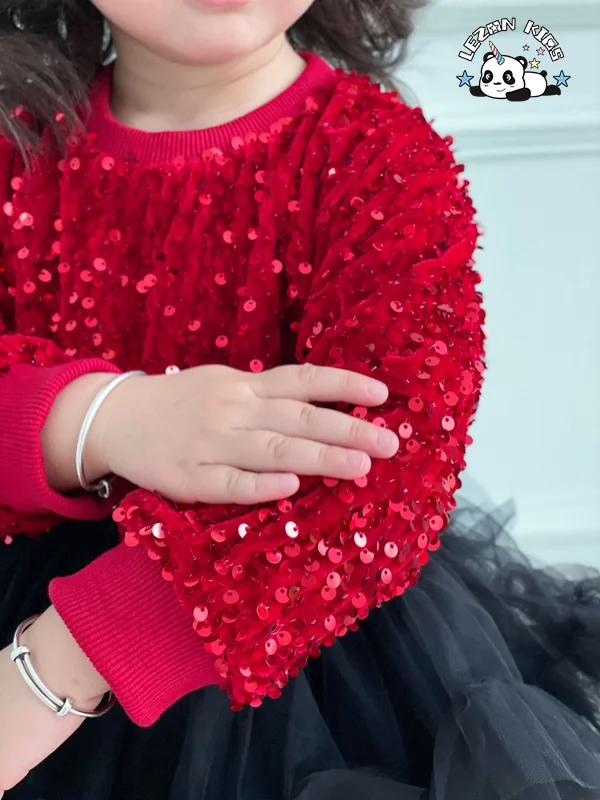 LEZONKIDS - Custom Comfortable Long Sleeve Red Velvet Girl Princess Dress Sequin Tulle Dress for Girls